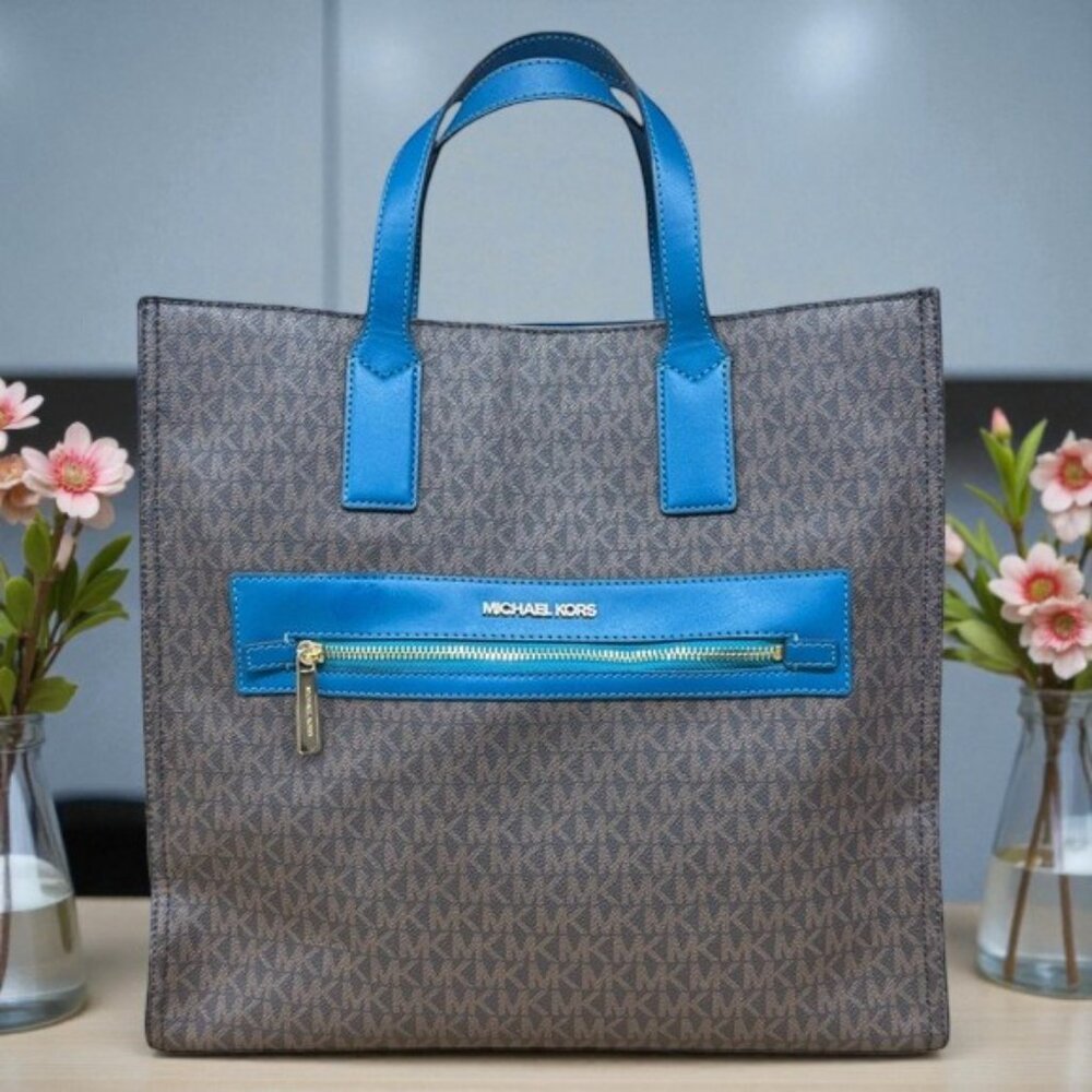 Michael Kors Kenly Brown Blue Lagoon MK Signature Large Tote Shoulder Bag Purse